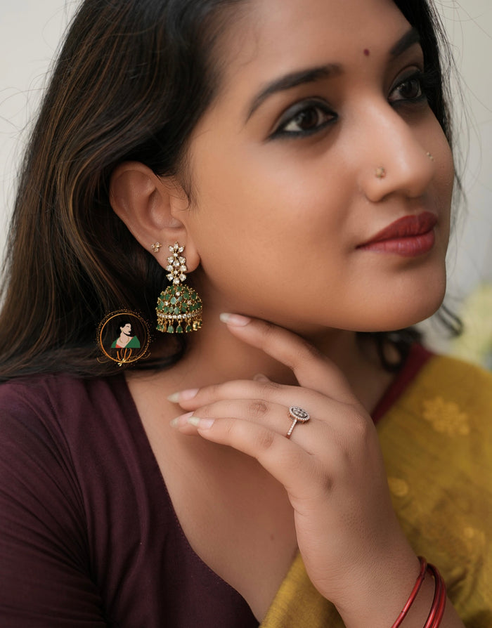 Emerald & White Zircon Stone Jhumkas