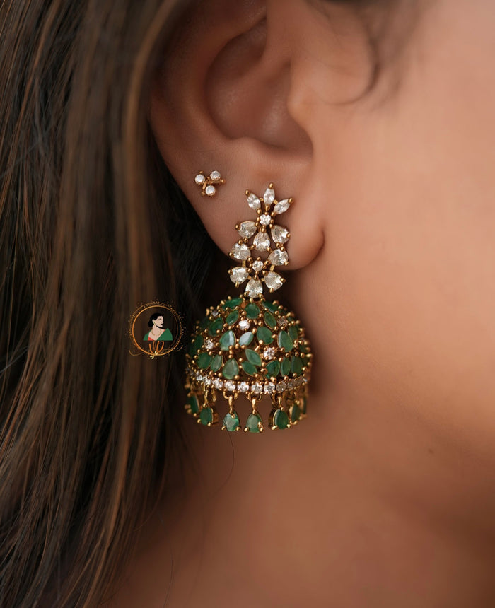 Emerald & White Zircon Stone Jhumkas