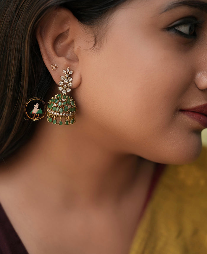 Emerald & White Zircon Stone Jhumkas