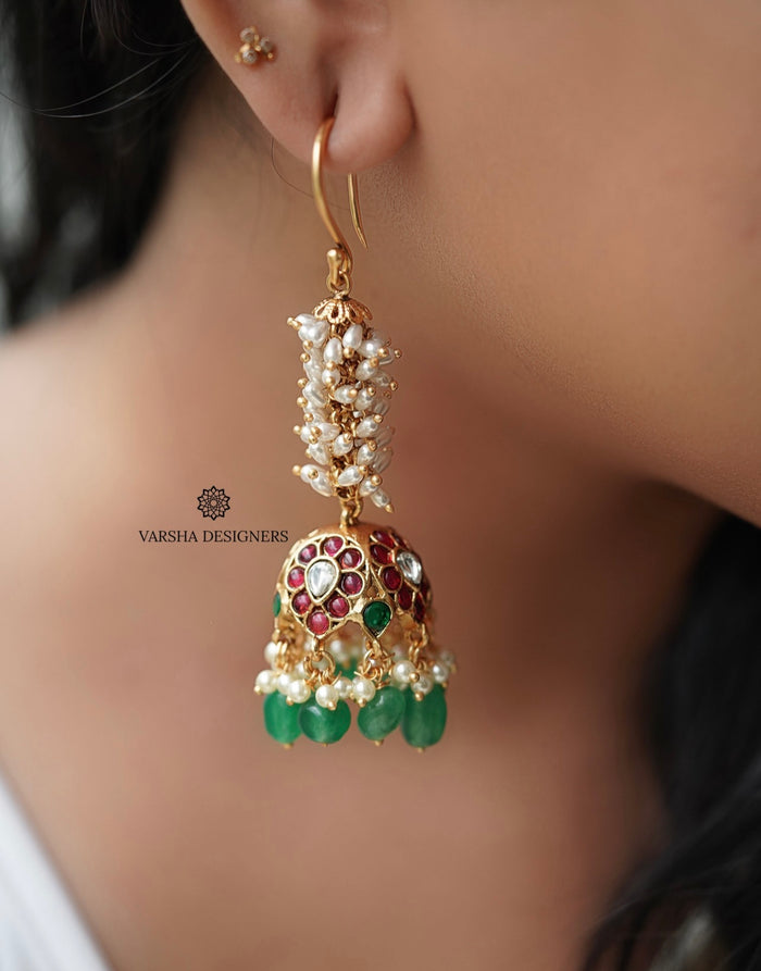 Festive Rice Pearls Kemp Hook Jhumkas