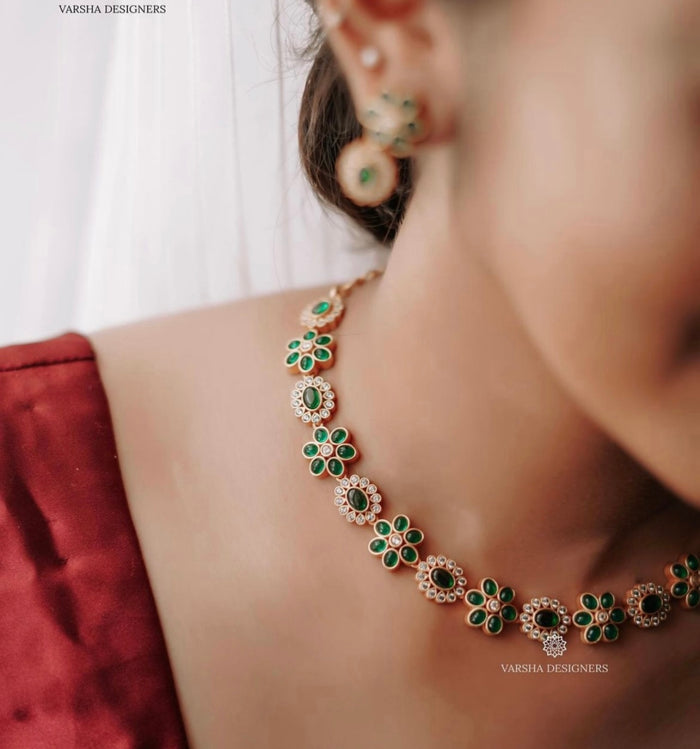 Floral Green & White Stone Necklace