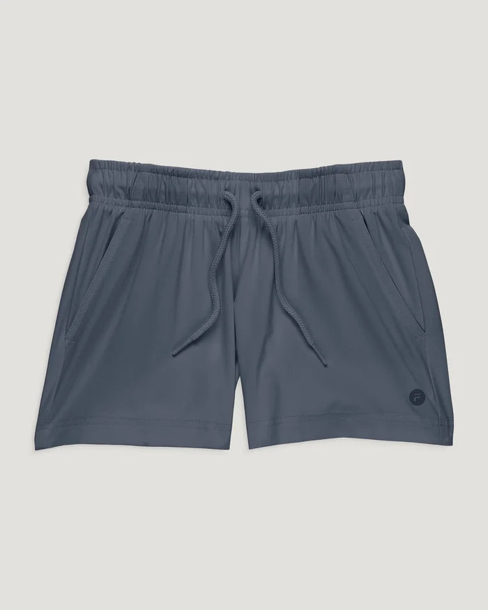 Gray shorts with a drawstring on a light gray background