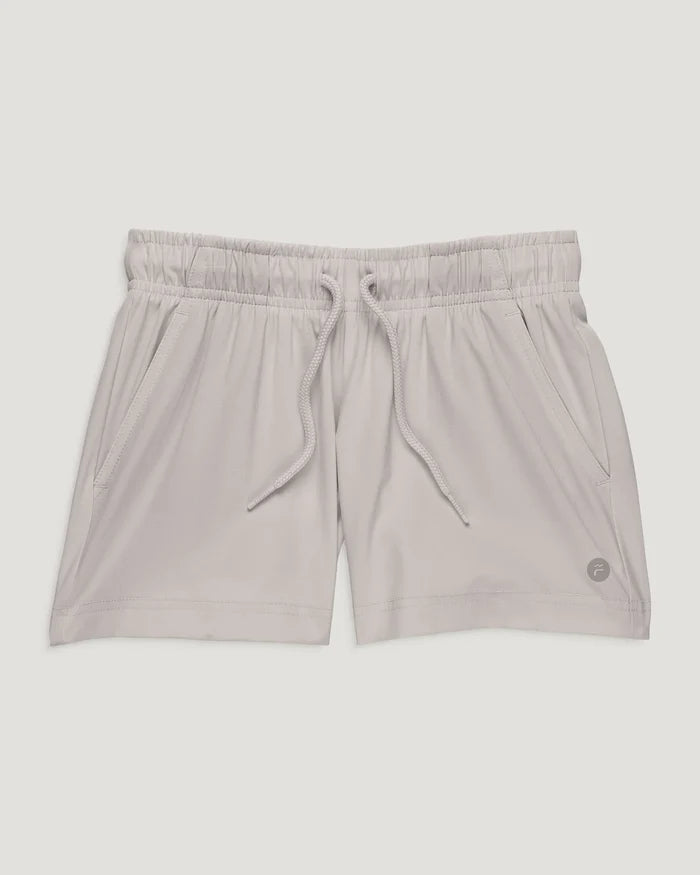 Light gray shorts with drawstring on a white background