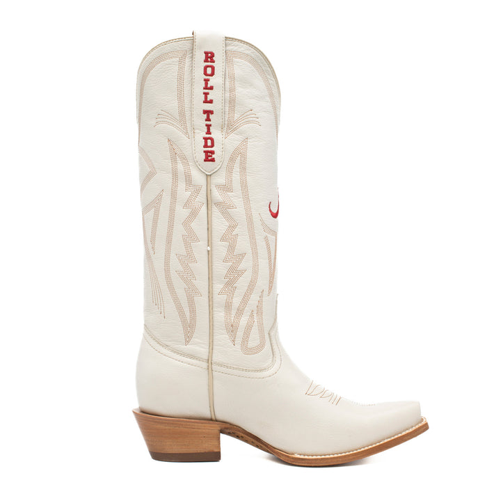white women's western boot with embroidered team logos and a wood heel, designed for gameday attire.