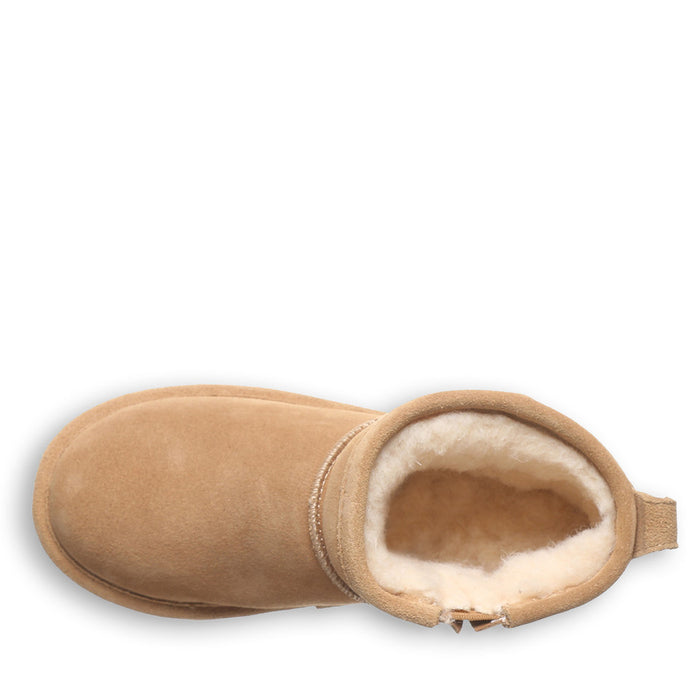 A brown suede youth boot with a layered EVA midsole and a wool blend lining, featuring a lightweight blown rubber outsole.