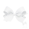 A large white grosgrain ribbon hair bow attached to a clip.