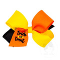 Halloween-themed hair bow with orange, yellow, and black colors on a white background.