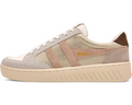 A low-top platform sneaker in beige, taupe, and light brown suede, featuring a thick cream platform sole, white laces, and a gold 'Gola' logo on the side.