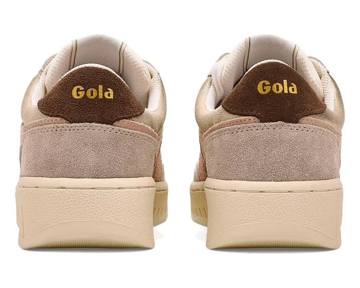 A pair of Gola sneakers shown from the back, featuring beige suede and mesh uppers, a brown heel tab with gold 'Gola' branding, and cream-colored soles on a white background.