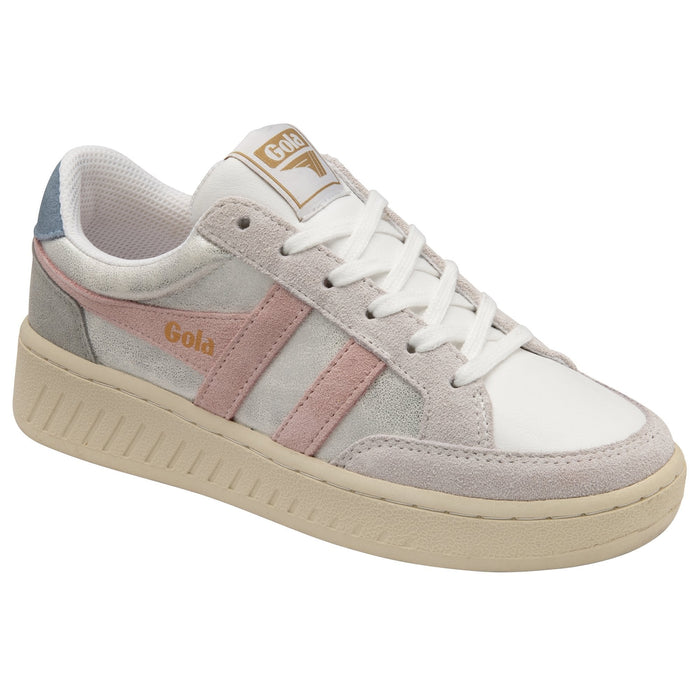 A pair of Gola Superslam Blaze sneakers with a metallic upper in off-white, chalk pink and iceberg highlights, and a lightweight sole.