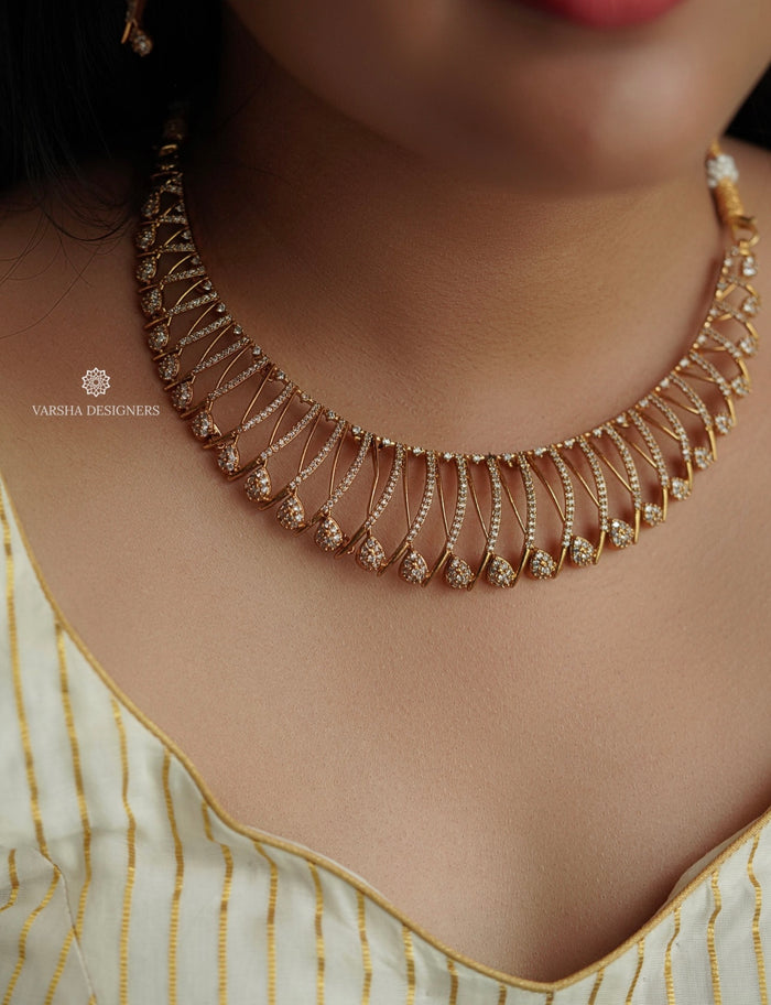 Gold Finish Designer White Stone Necklace