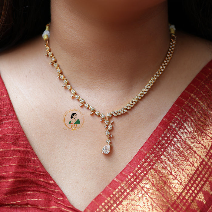 Gold Finish Diamond Look White Stone Necklace