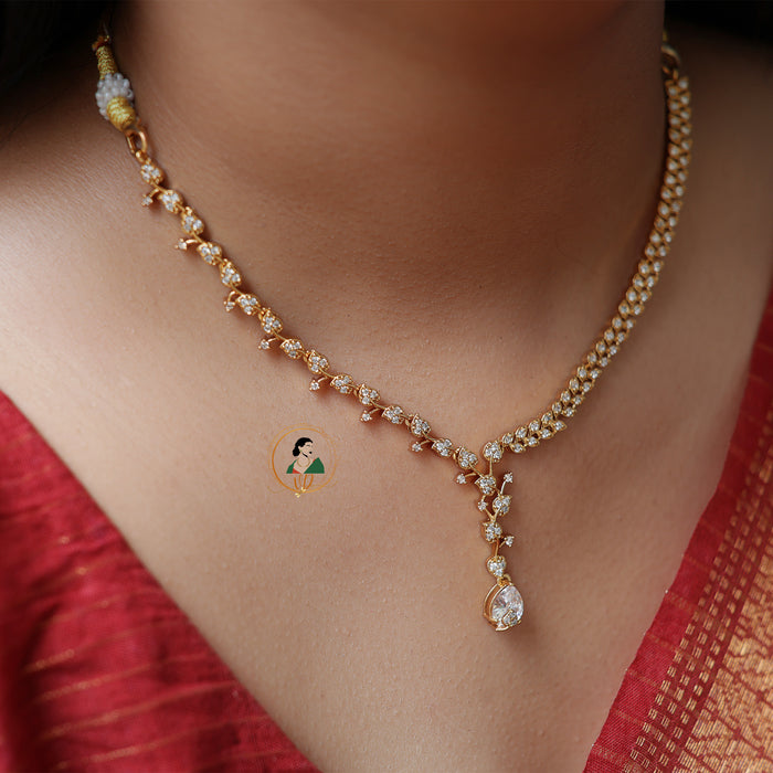 Gold Finish Diamond Look White Stone Necklace