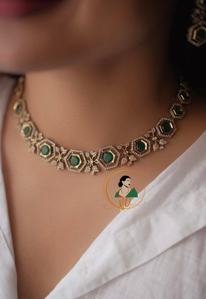 Gold Finish Emerald Stone Necklace Set
