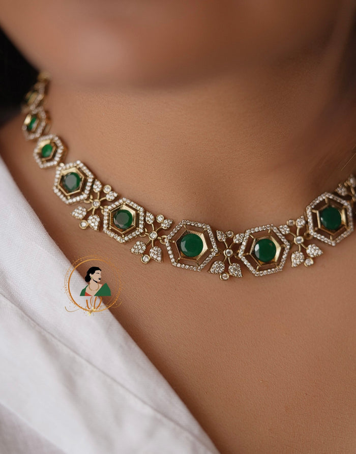 Gold Finish Emerald Stone Necklace Set