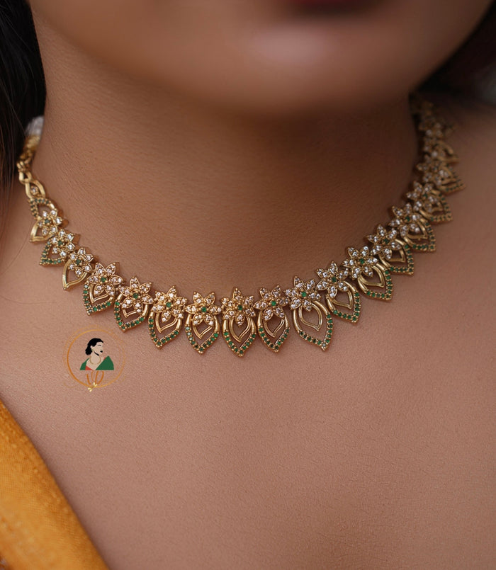 Gold Finish Green and White Stone Necklace