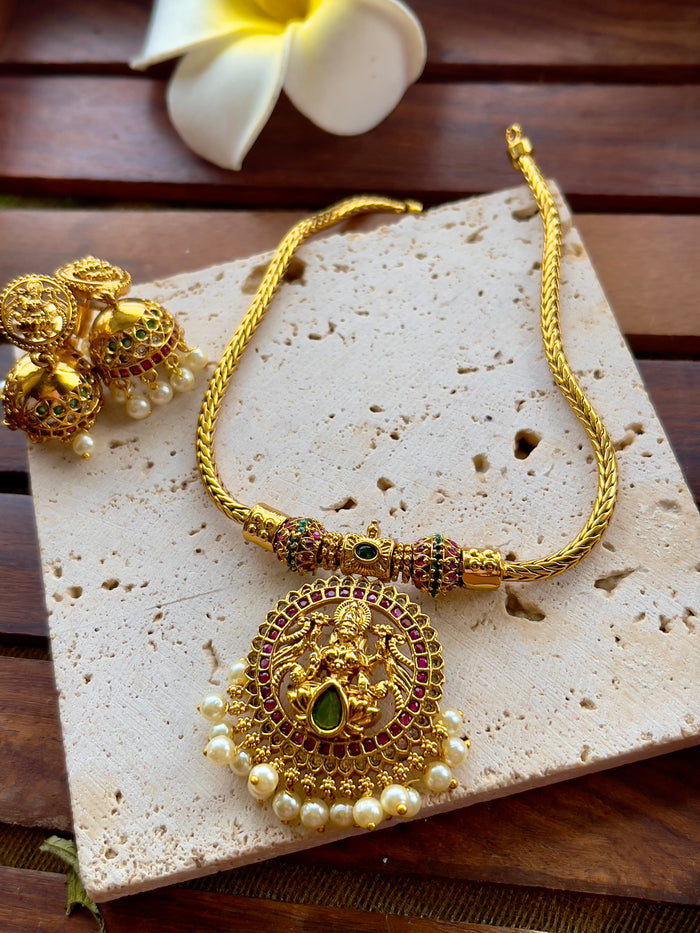 Gold Finish Lakshmi Pendant Necklace