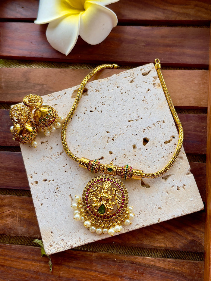Gold Finish Lakshmi Pendant Necklace