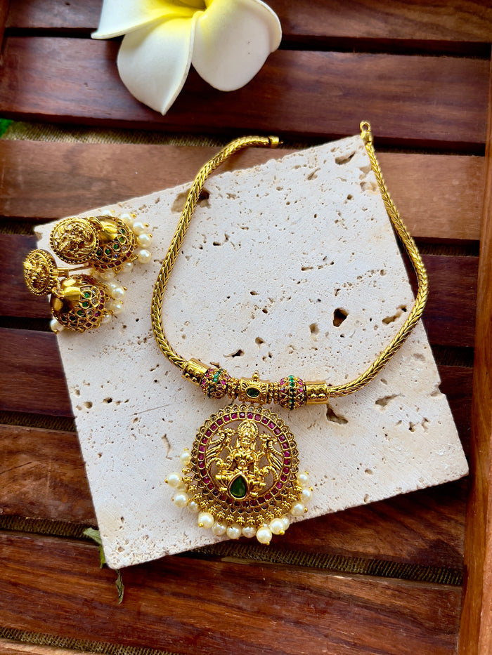 Gold Finish Lakshmi Pendant Necklace