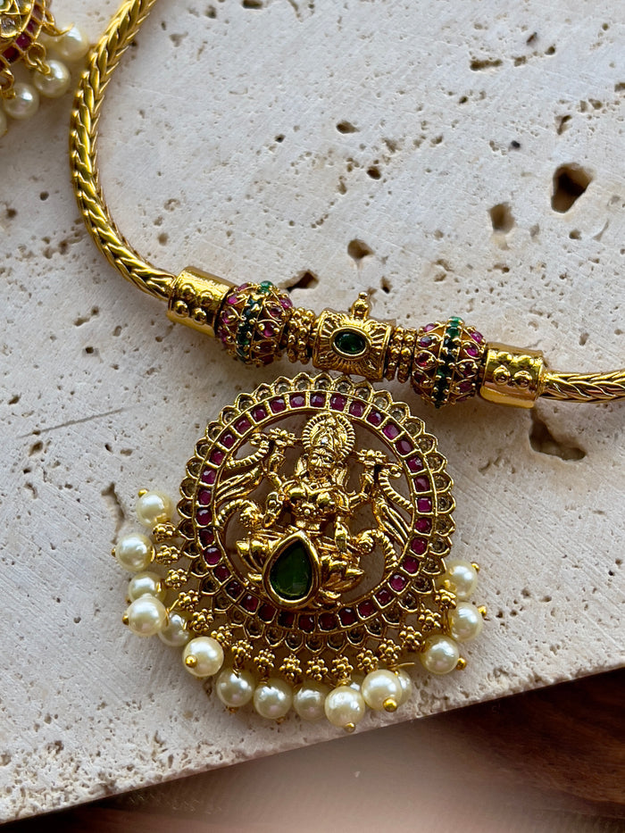 Gold Finish Lakshmi Pendant Necklace