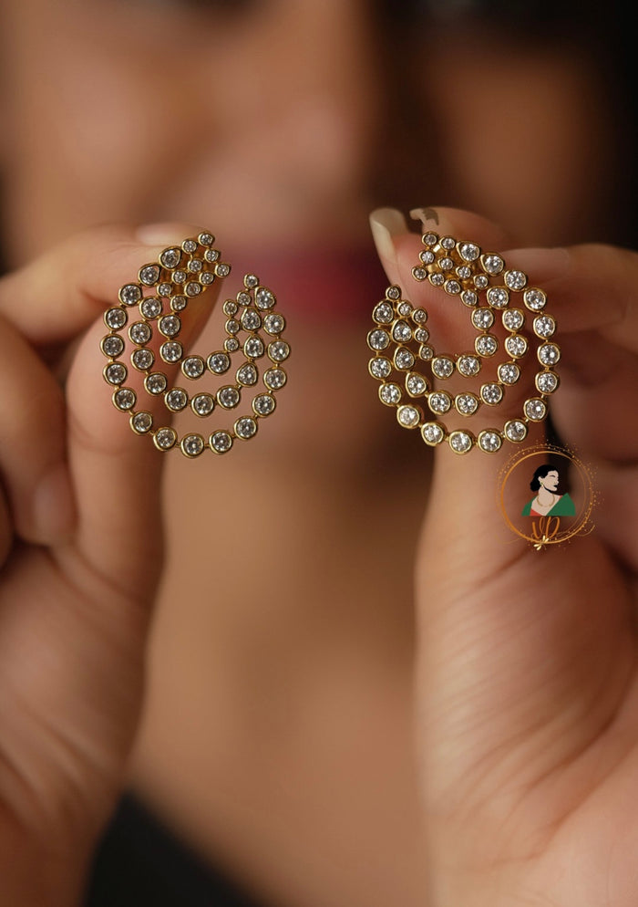 Gold Finish Spiral White Stone Earrings