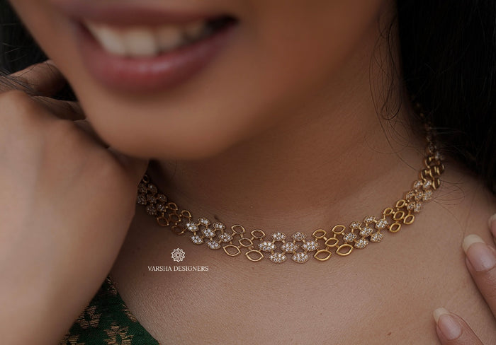 Gold Finish White Stone Grid Necklace Set