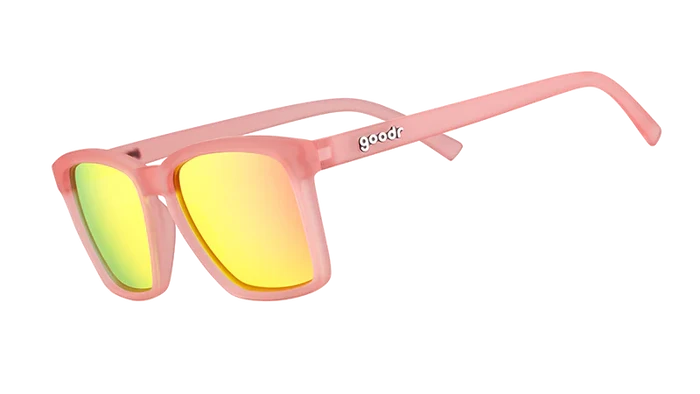Pink sunglasses with yellow lenses on a transparent background