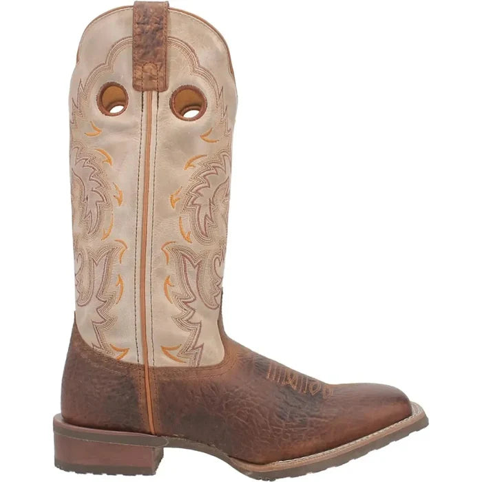 Brown and beige cowboy boot with intricate stitching on a white background