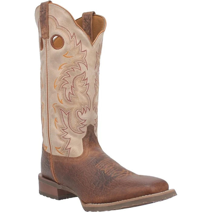A brown and beige Laredo cowboy boot with a square toe and decorative stitching.