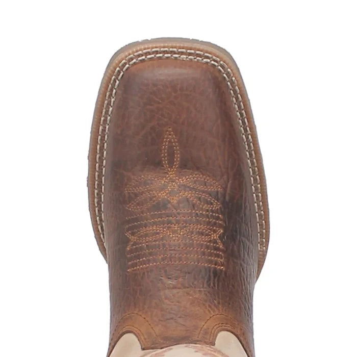 Brown and beige cowboy boot with intricate stitching on a white background
