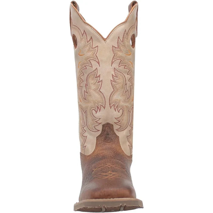 Brown and beige cowboy boot with intricate stitching on a white background