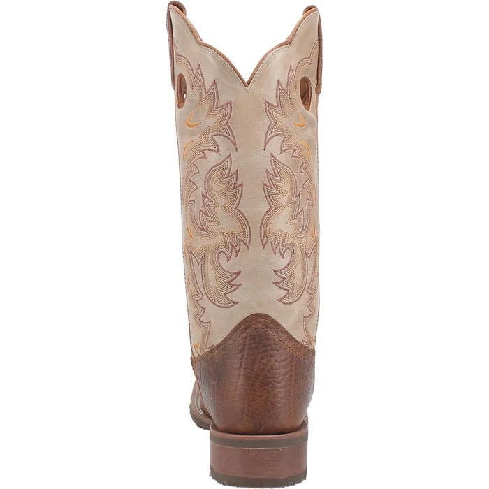 Brown and beige cowboy boot with intricate stitching on a white background