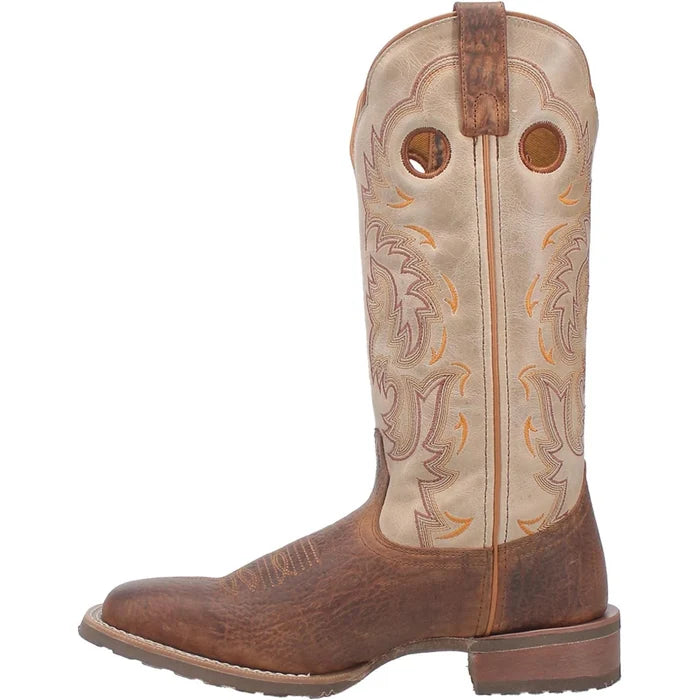 Brown and beige cowboy boot with intricate stitching on a white background