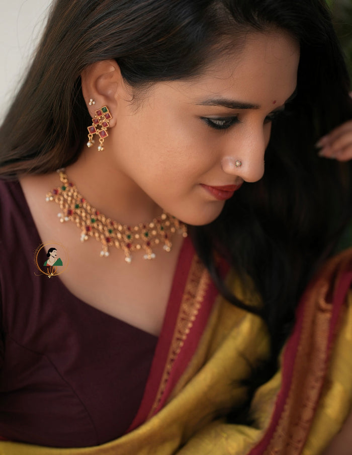 Layered Ruby & Green Stone Necklace Set