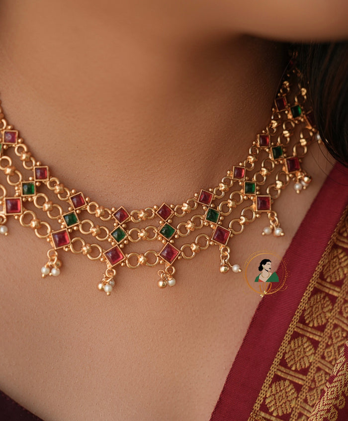 Layered Ruby & Green Stone Necklace Set