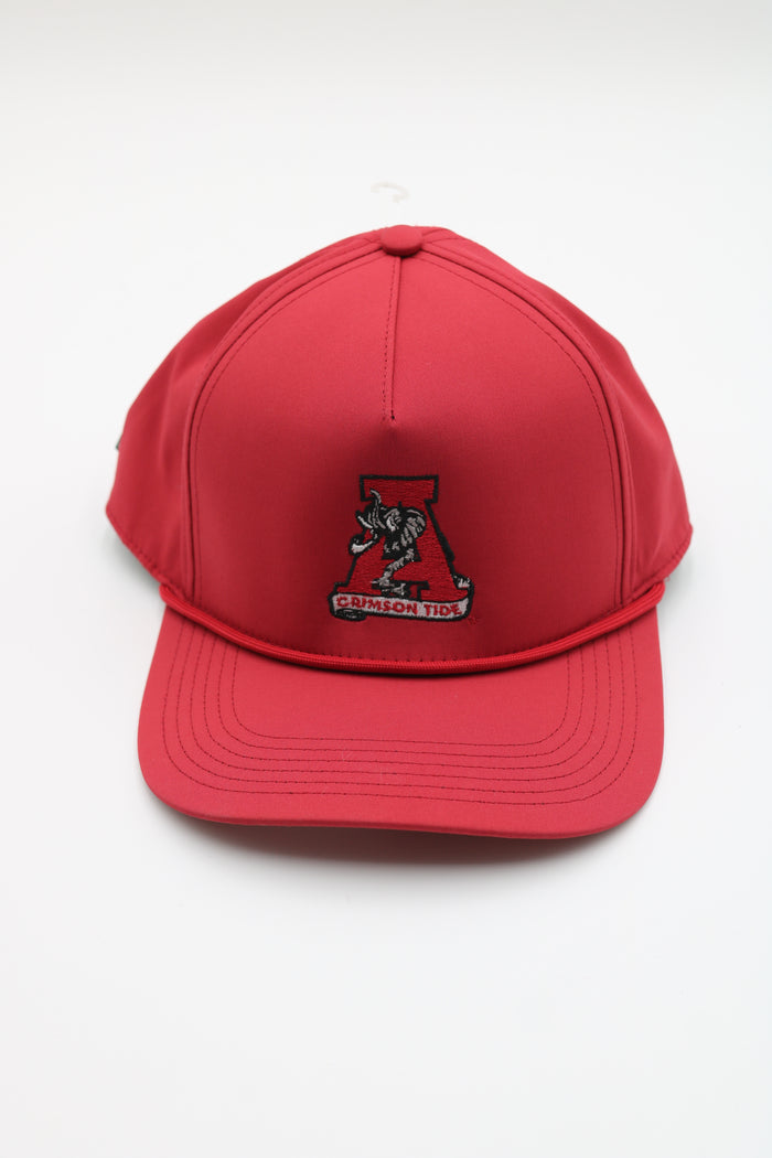A red baseball cap featuring an embroidered logo of the University of Alabama 'A' with a red wolf and the words 'ALABAMA ALOTAS' on the front, set against a plain white background.