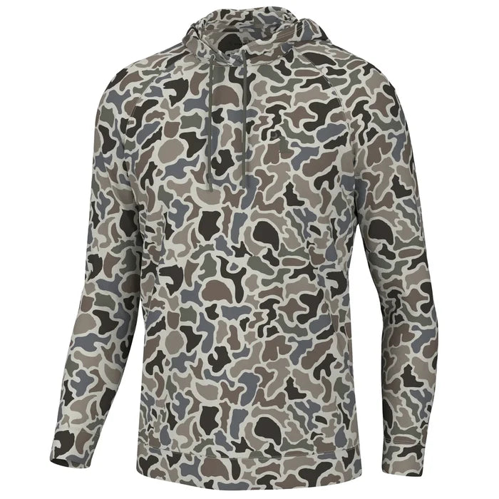 A camouflage hoodie with long sleeves and an adjustable drawstring hood.