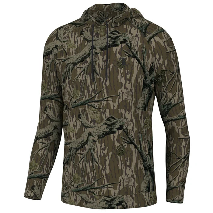 A camouflage hoodie with long sleeves and an adjustable drawstring hood.