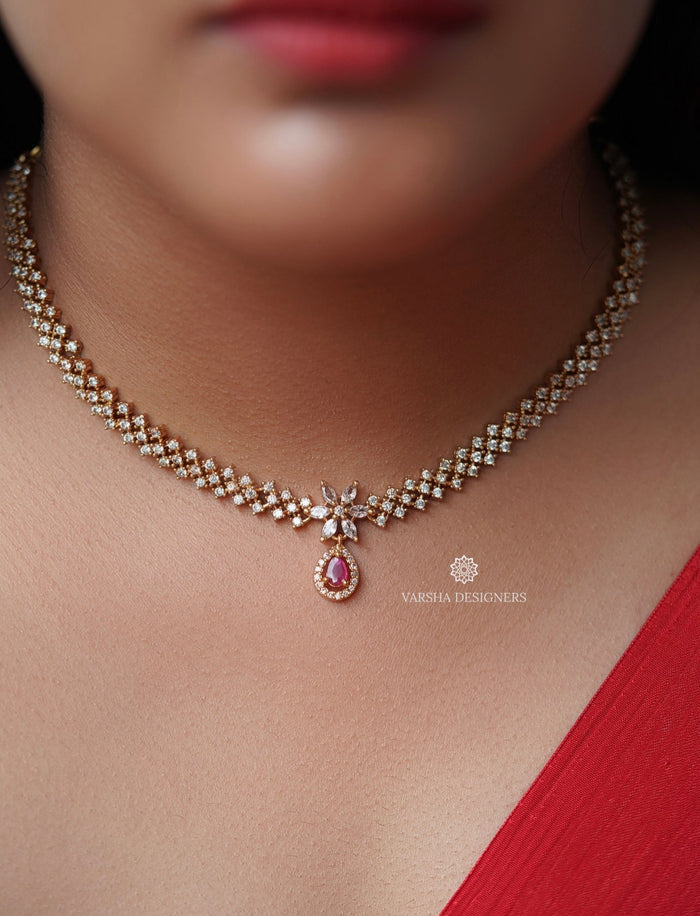 Luscious Ruby Teardrop White Stone Necklace