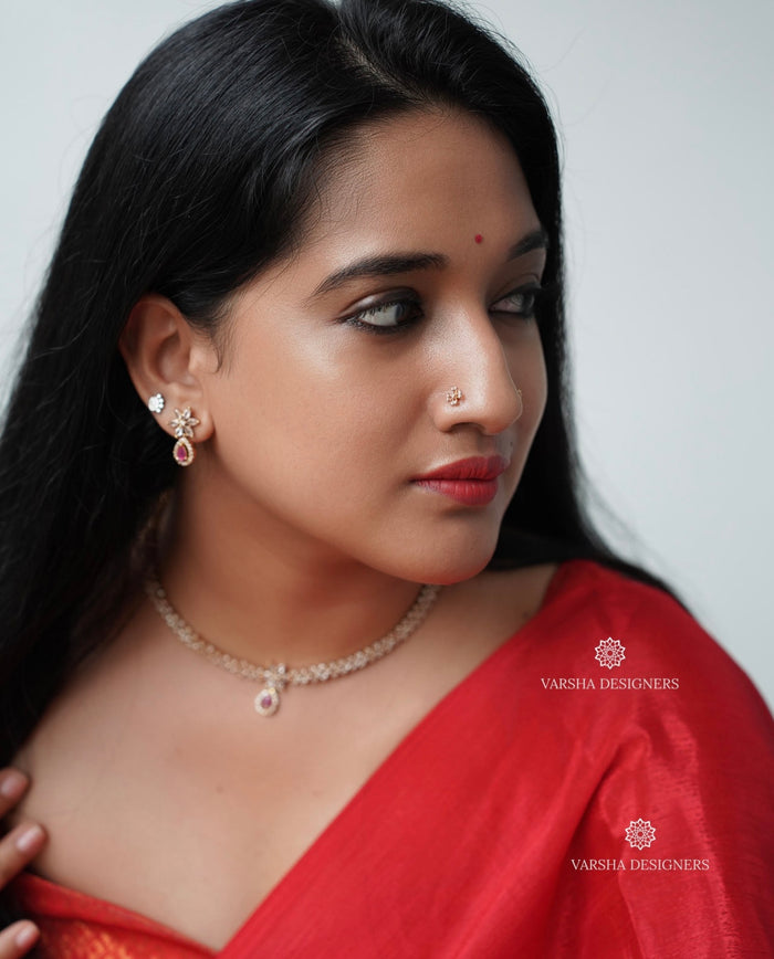 Luscious Ruby Teardrop White Stone Necklace
