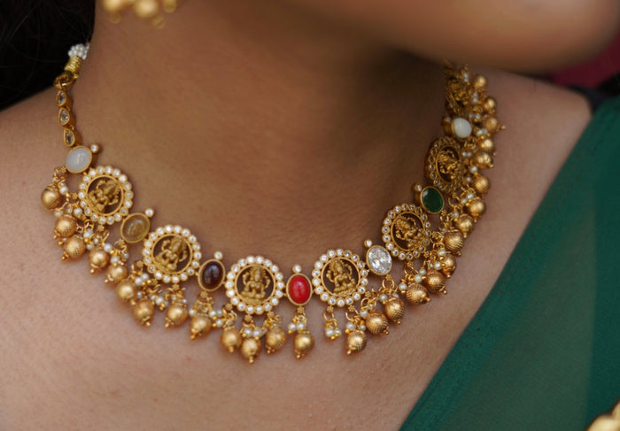 Matte Finish Navratan Temple Necklace Set