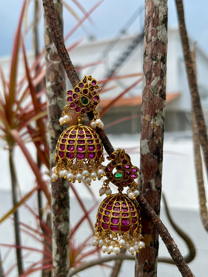 Matte Finish Peacock Kemp Jhumkas