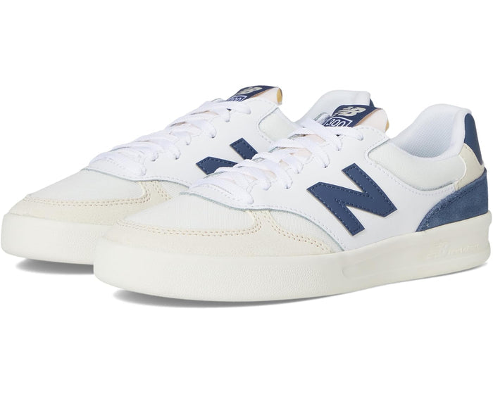 White sneakers with blue accents on a white background