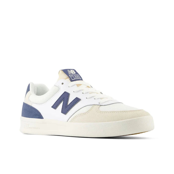 White and blue sneaker with New Balance logo on a white background