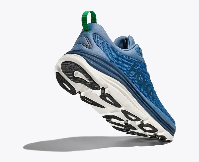Blue running shoe with 'Hoka' branding on a white background