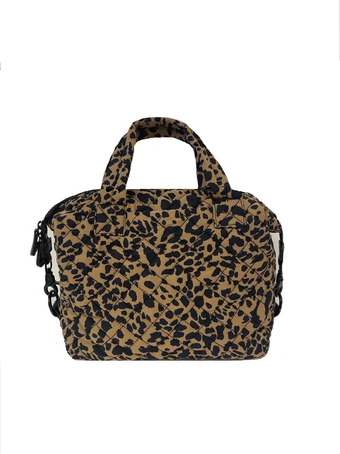 A leopard print quilted nylon crossbody bag with a detachable strap and a zipper closure.