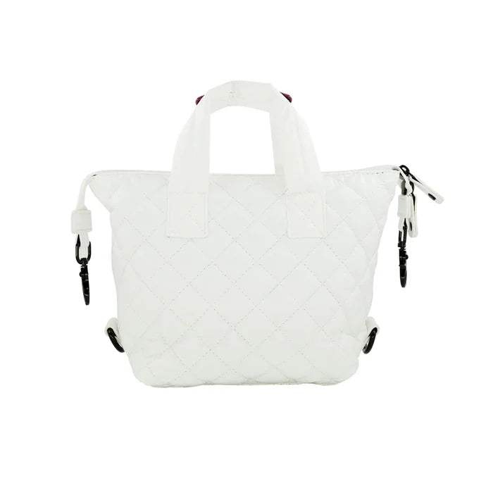 A white quilted nylon crossbody bag with a detachable strap and a zipper closure.