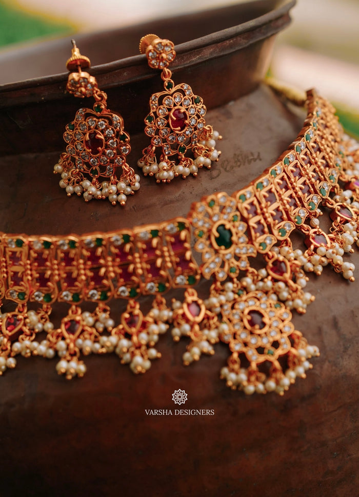 Multistone Gold Finish Stone Choker Set