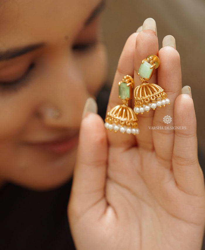 Pastel Green Stone Jhumkas