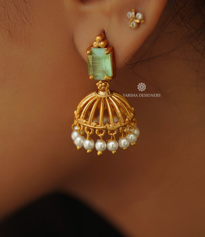 Pastel Green Stone Jhumkas